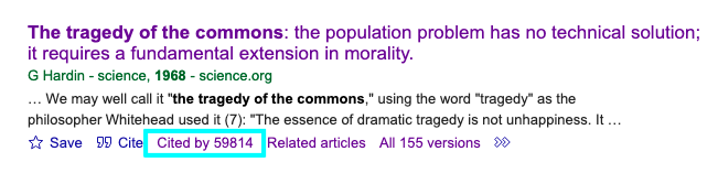 Image of the Google Scholar listing for The Tragedy of the Commons with the Cited by listing highlighted with a bright blue box.