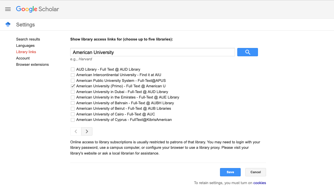 Image of the Google Scholar Settings menu and the Library Link options.