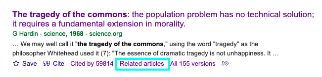 Image of the Google Scholar result listing with the 'Related articles' link text highlighted with a bright blue box.